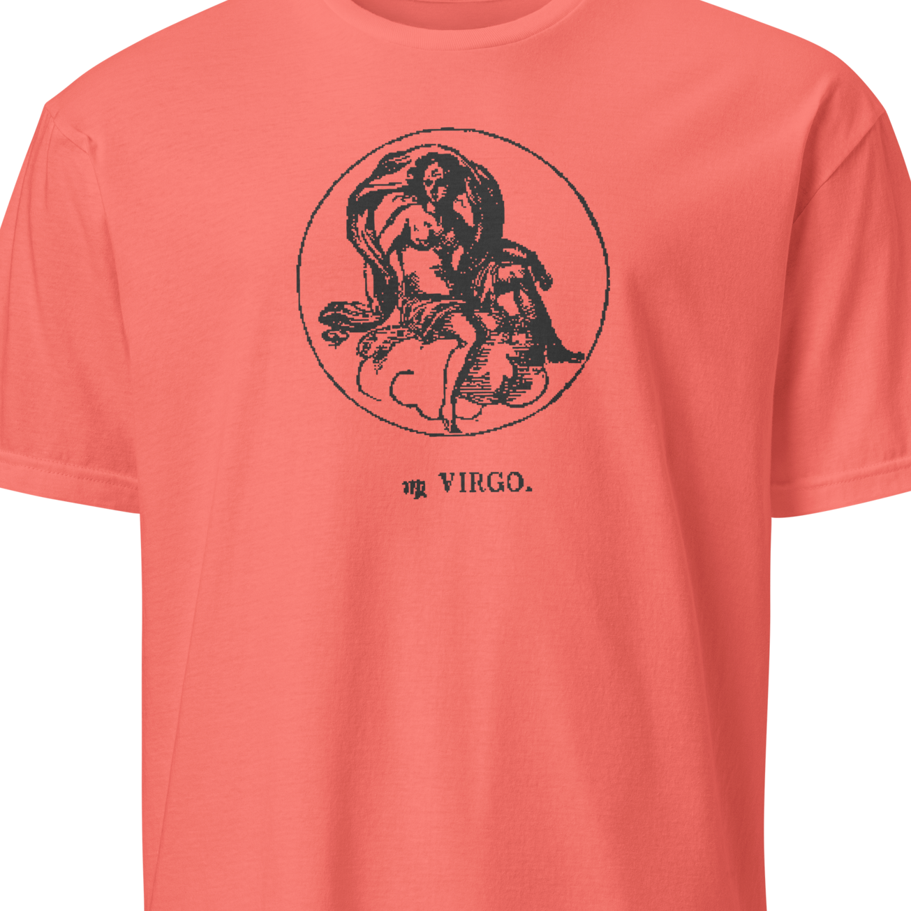Coral t-shirt with black Virgo zodiac design on a white background