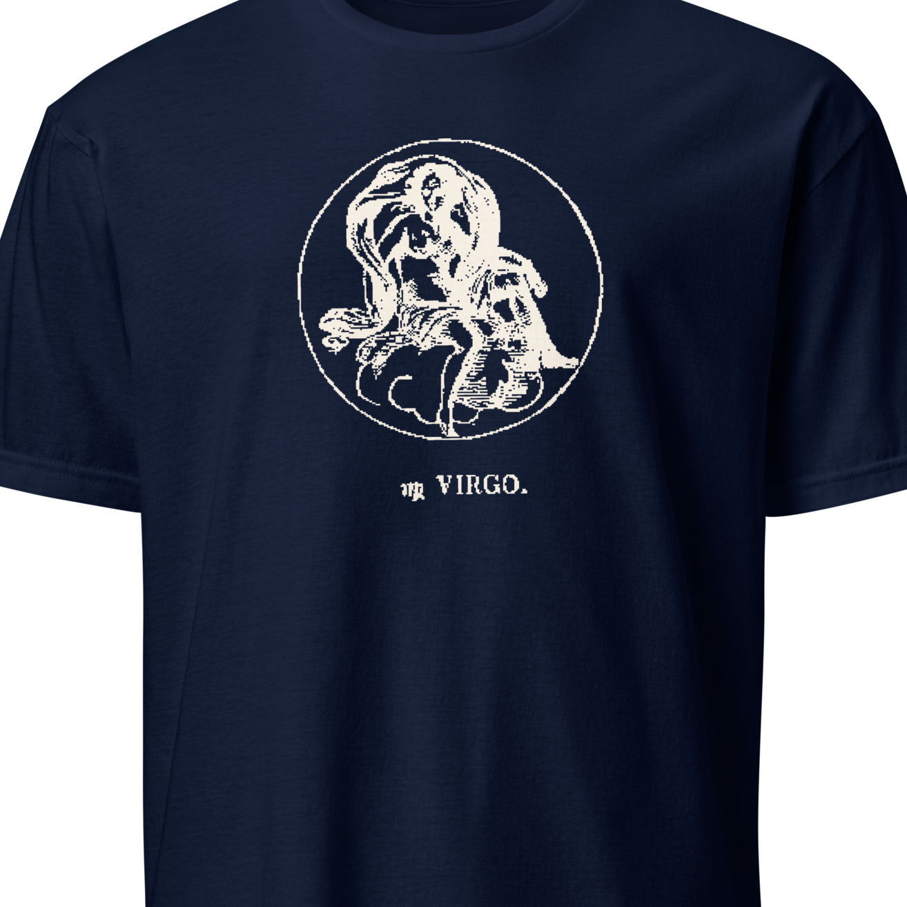 Navy blue t-shirt with white Virgo zodiac design on a white background