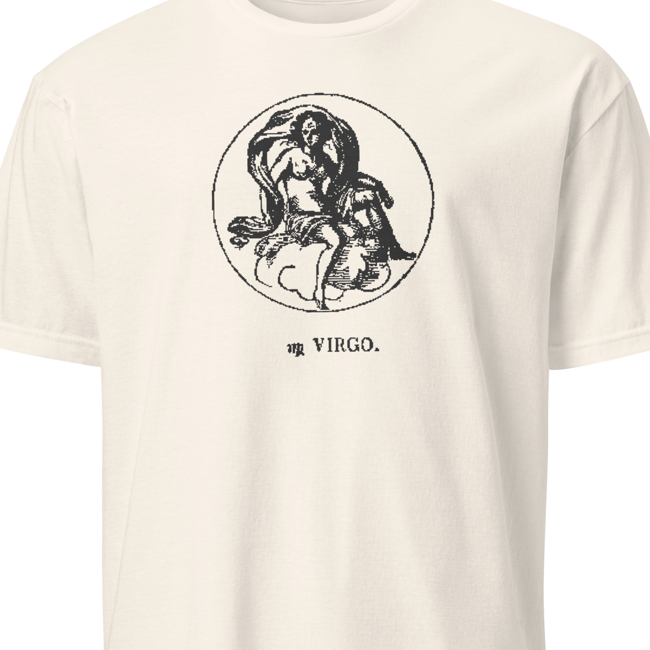 White t-shirt with black astrological design on a white background