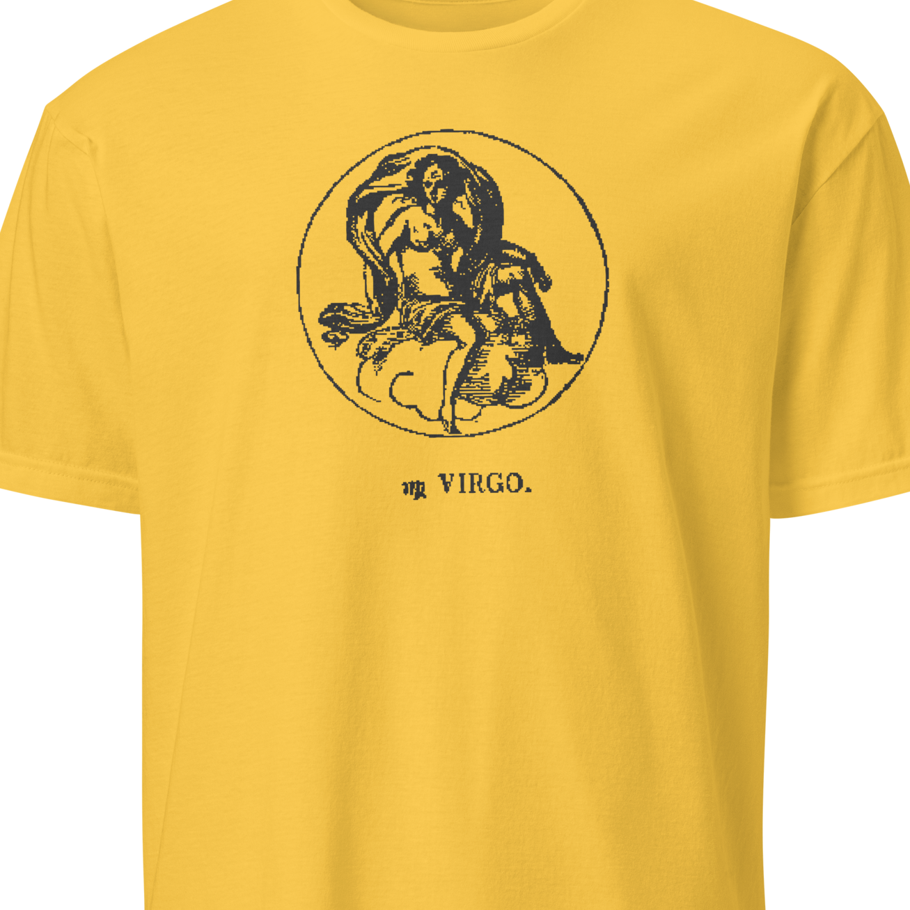 Yellow t-shirt with Virgo zodiac design on a white background