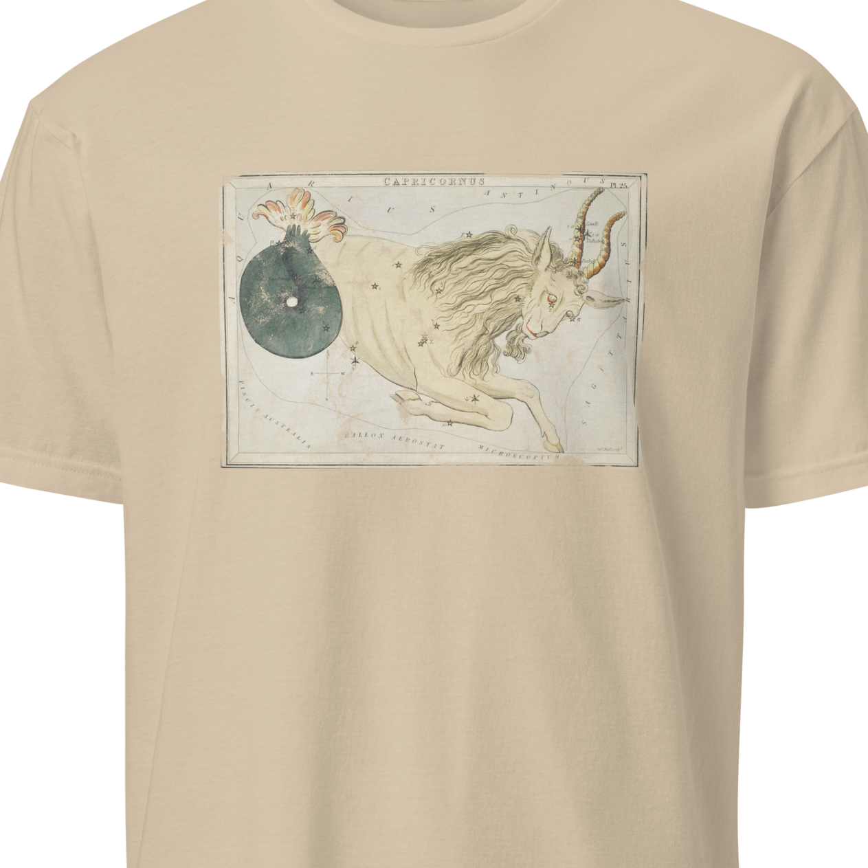 Beige t-shirt with a graphic design on a white background