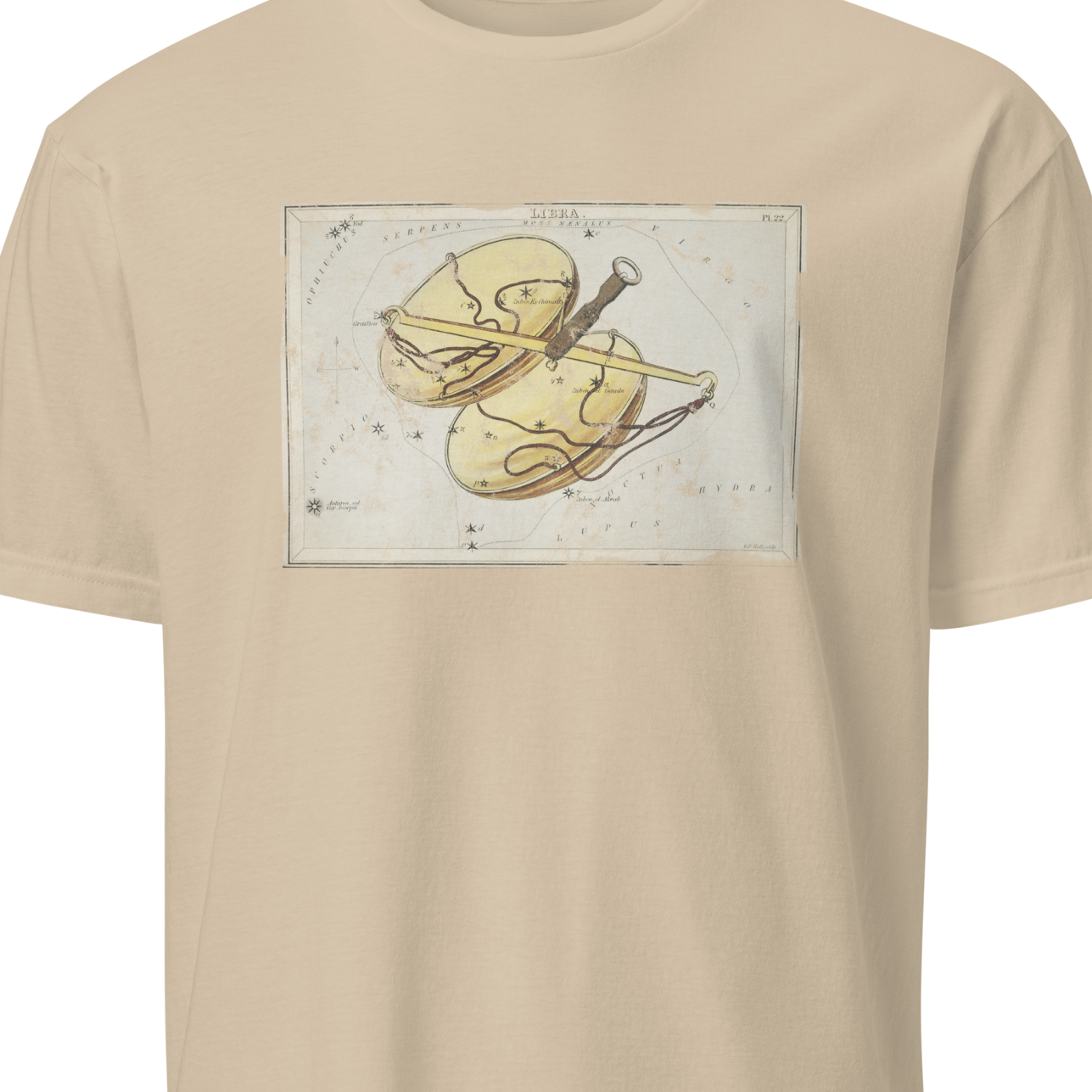 Beige t-shirt with a graphic of a violin and bow