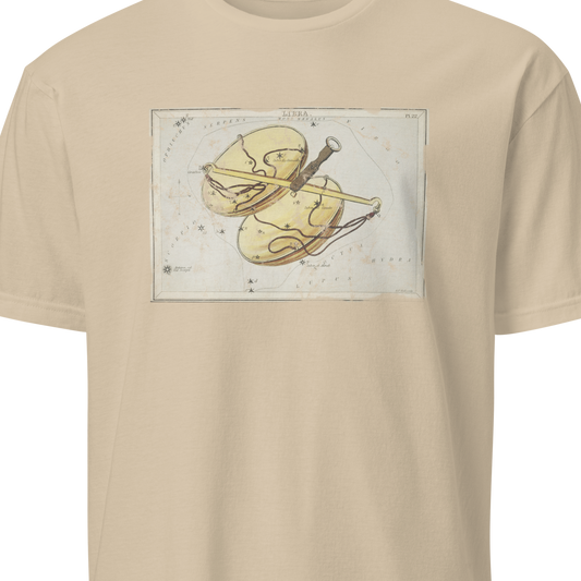Beige t-shirt with a graphic of a violin and bow