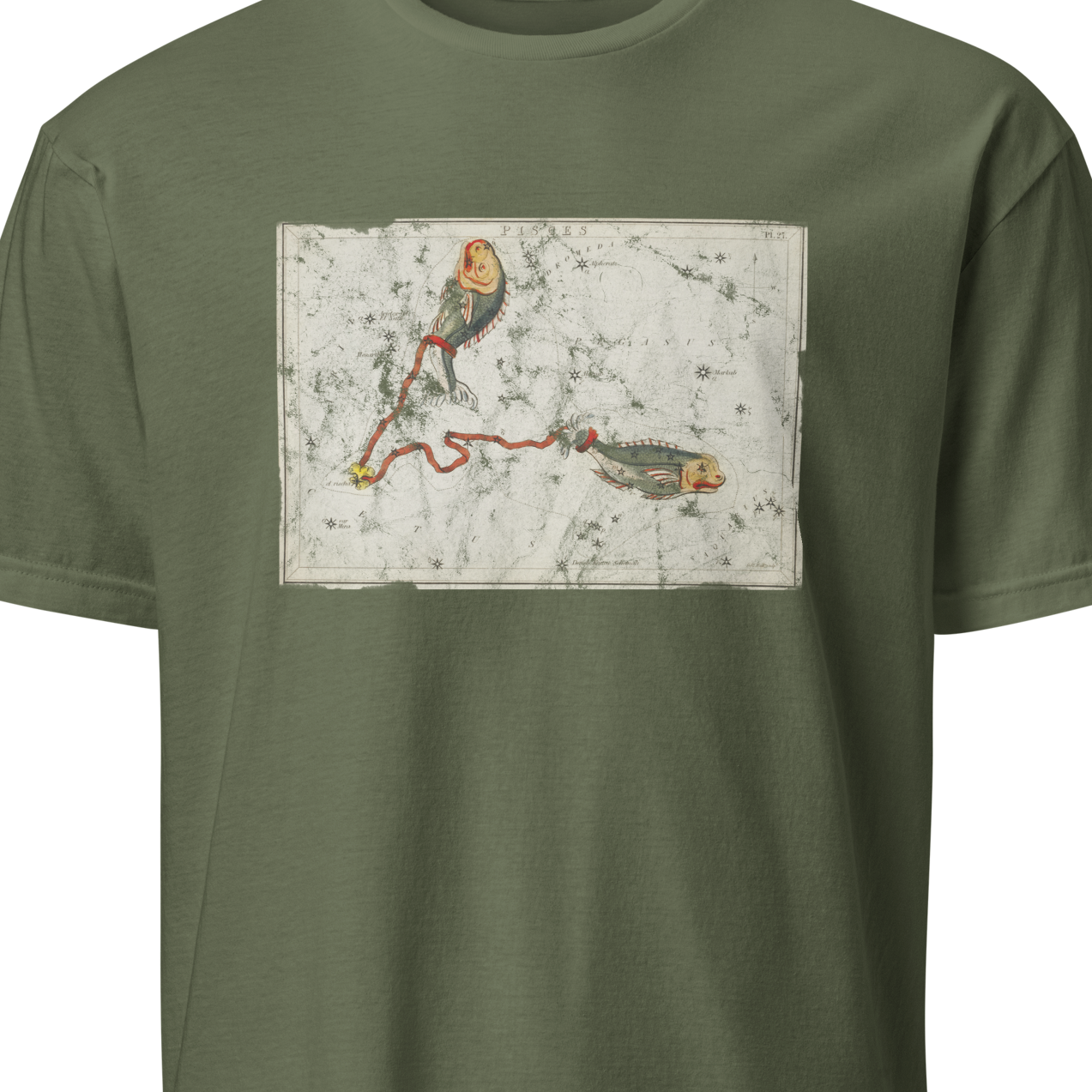 Green t-shirt with a pisces design 