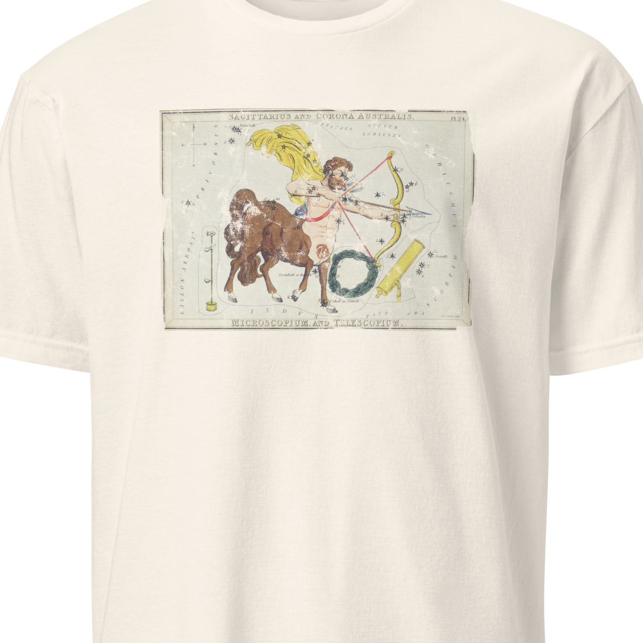 White t-shirt with a graphic of a centaur and bow 