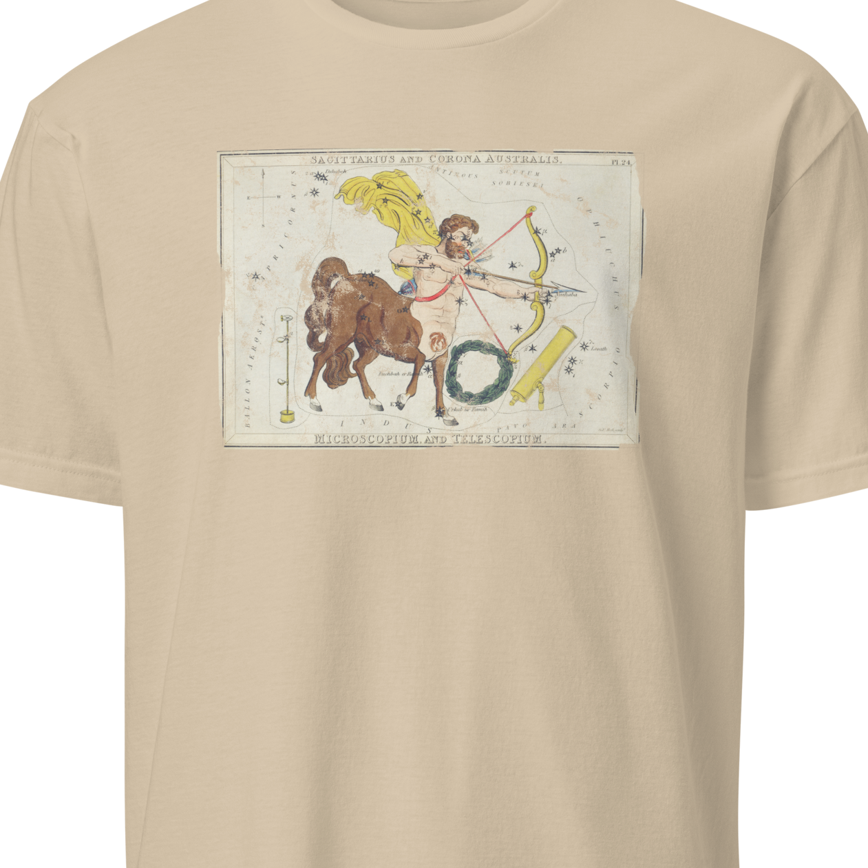 Beige t-shirt with a graphic of a centaur holding a bow 
