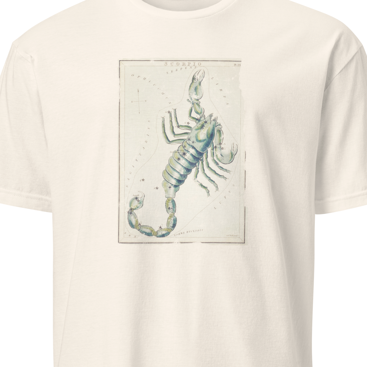 White t-shirt with a scorpion graphic