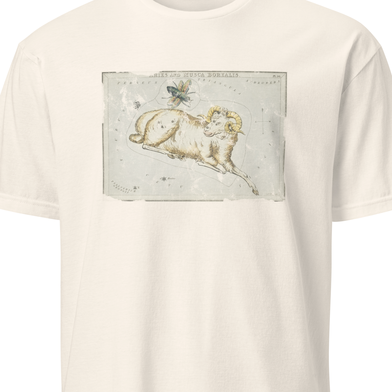 Beige t-shirt with black text and logo on a white background
