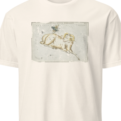 Beige t-shirt with black text and logo on a white background