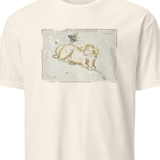 Beige t-shirt with black text and logo on a white background