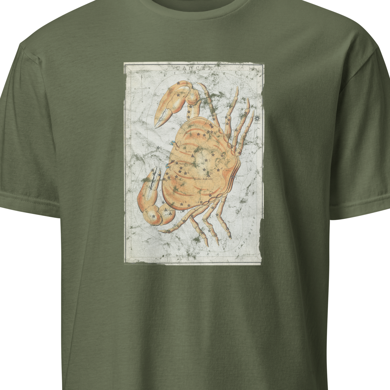 Green t-shirt with a graphic of a crab on a white background