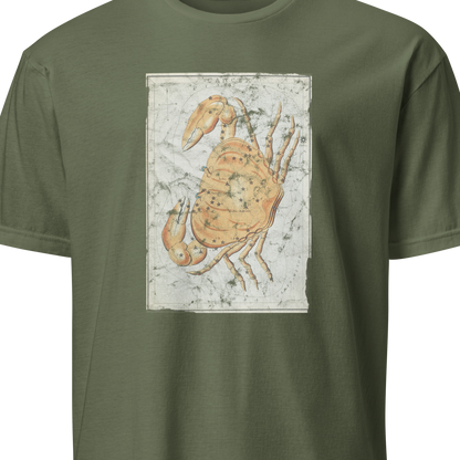 Green t-shirt with a graphic of a crab on a white background