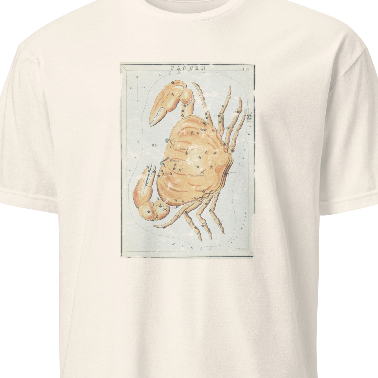 Beige t-shirt with a graphic of a crab on a white background