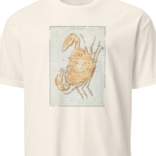 Beige t-shirt with a graphic of a crab on a white background