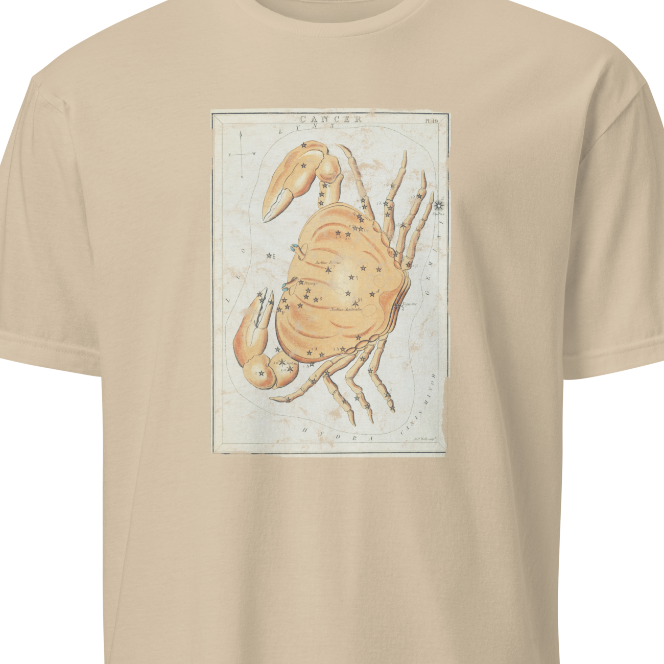Beige t-shirt with a graphic of a scorpion on a white background