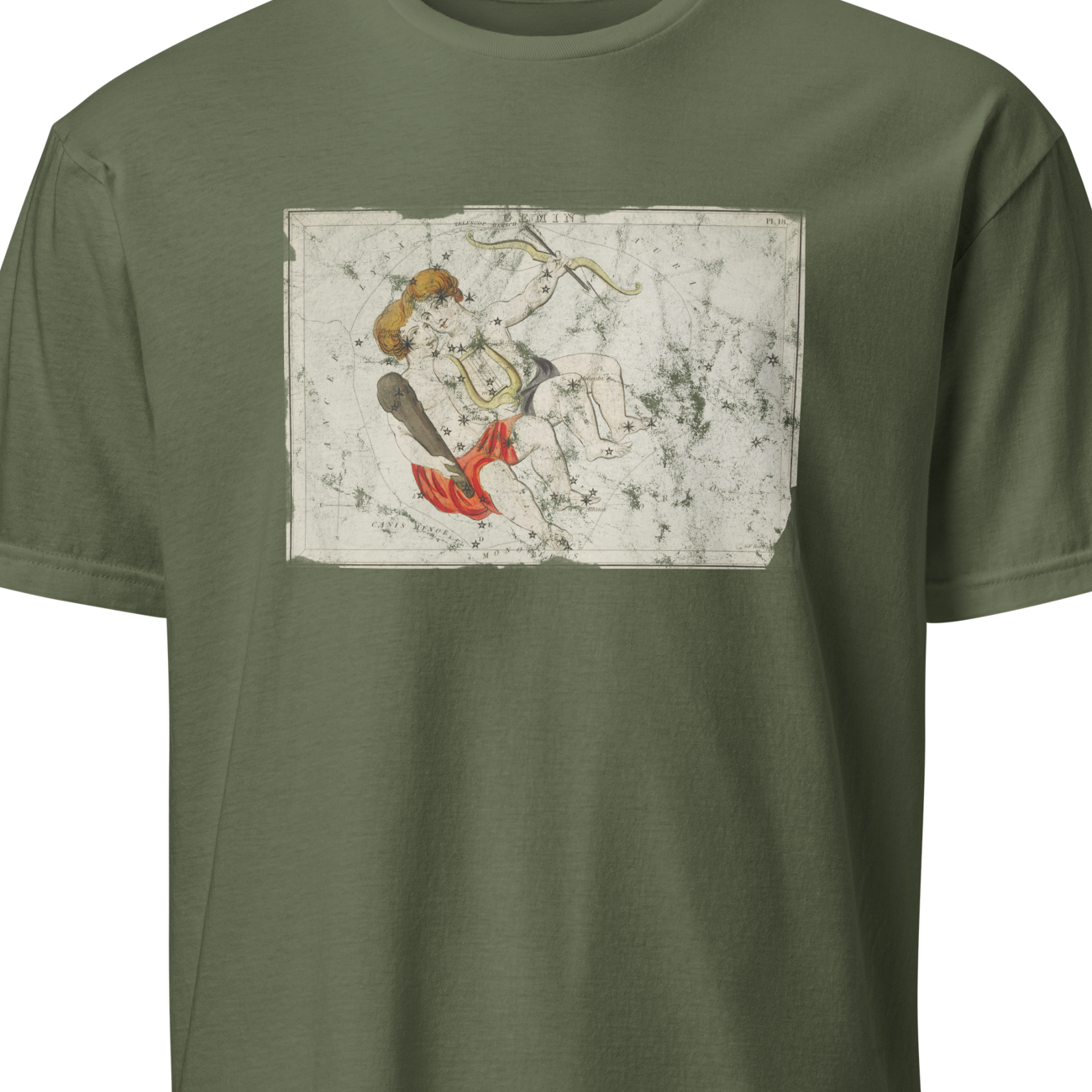 Green t-shirt with a graphic design on a white background