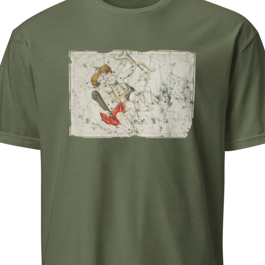 Green t-shirt with a graphic design on a white background