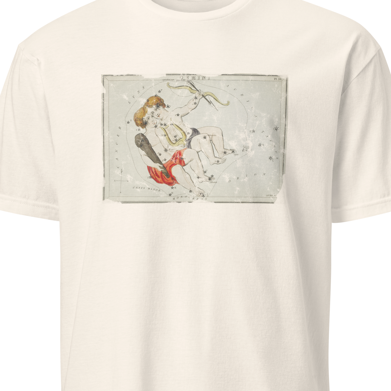 White t-shirt with a graphic design on a white background
