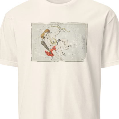 White t-shirt with a graphic design on a white background