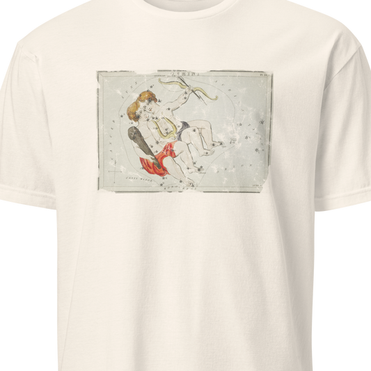 White t-shirt with a graphic design on a white background