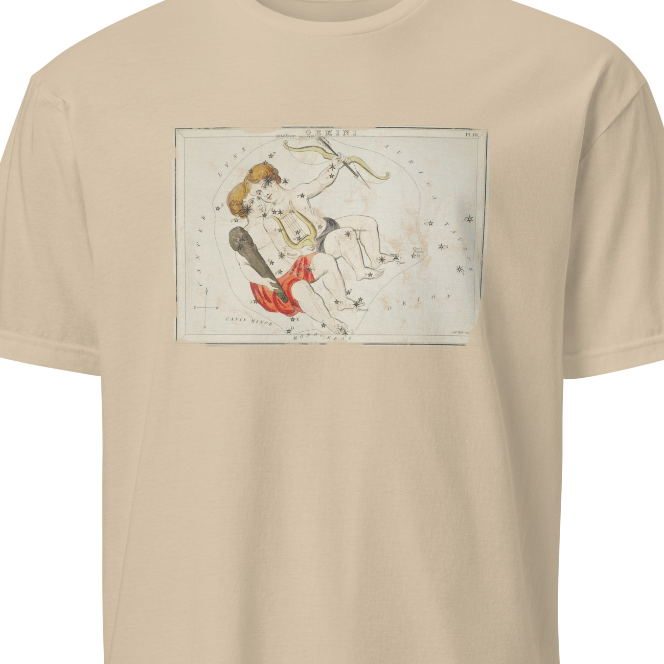Beige t-shirt with a graphic design on a white background