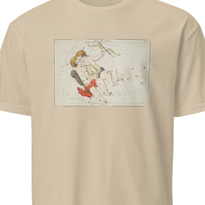 Beige t-shirt with a graphic design on a white background