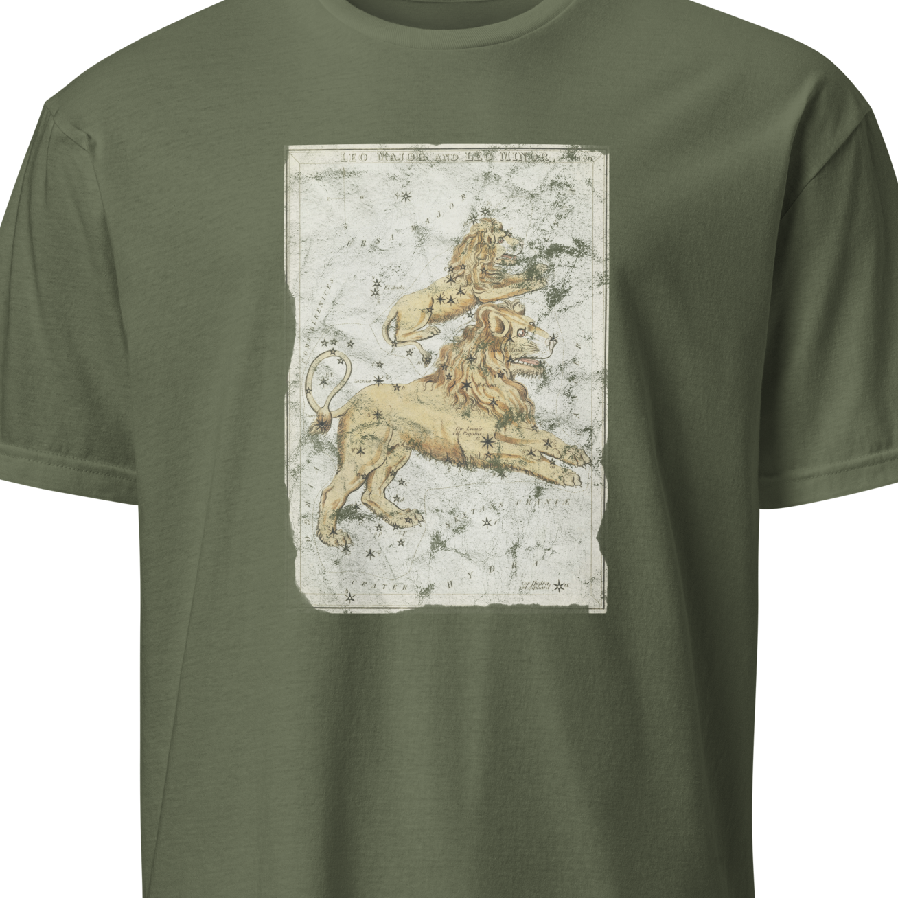 Green t-shirt with a graphic design of a lion on a white background