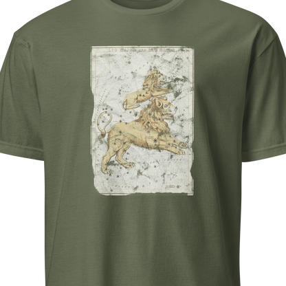 Green t-shirt with a graphic design of a lion on a white background