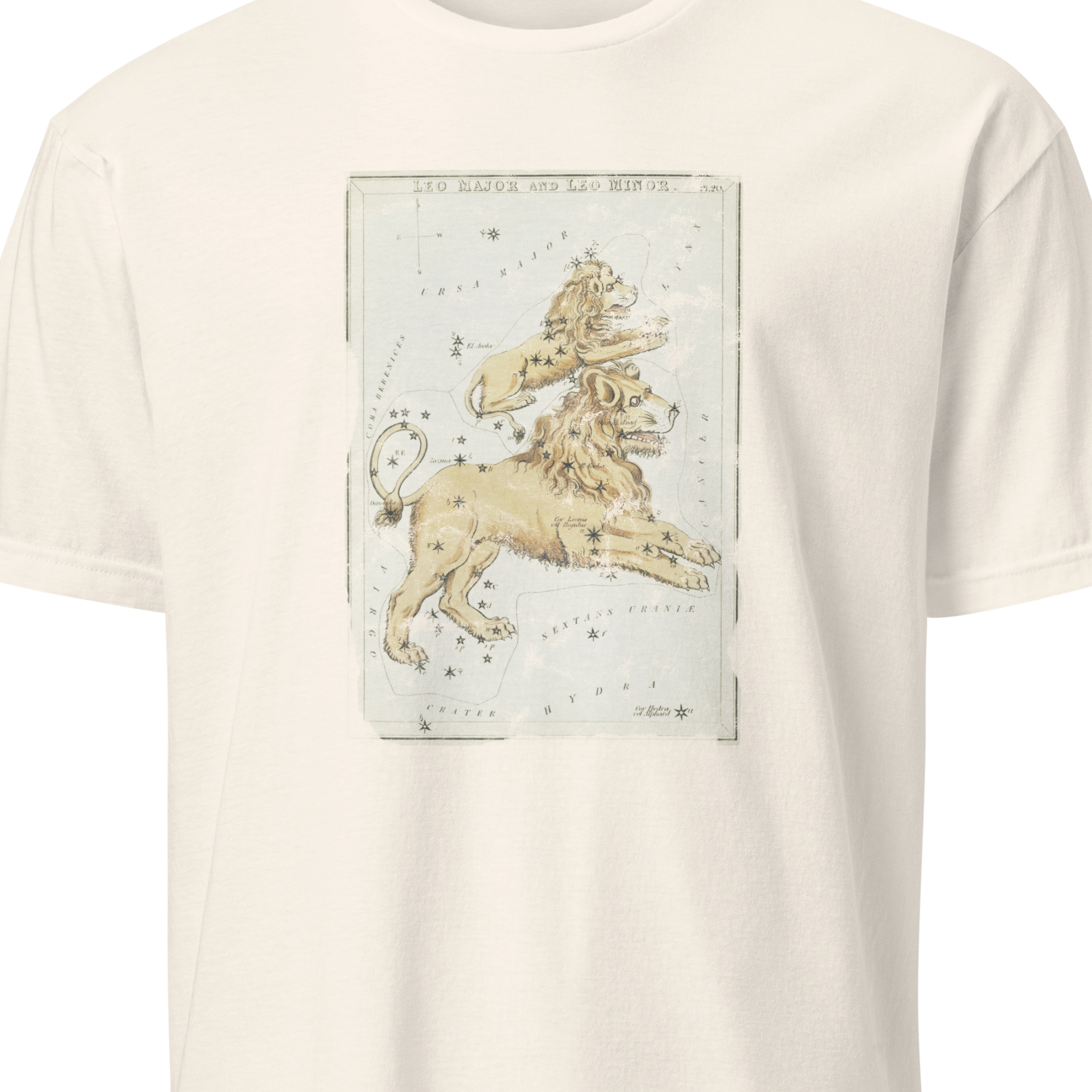 Beige t-shirt with a graphic of a unicorn and starry design on a white background