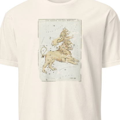Beige t-shirt with a graphic of a unicorn and starry design on a white background