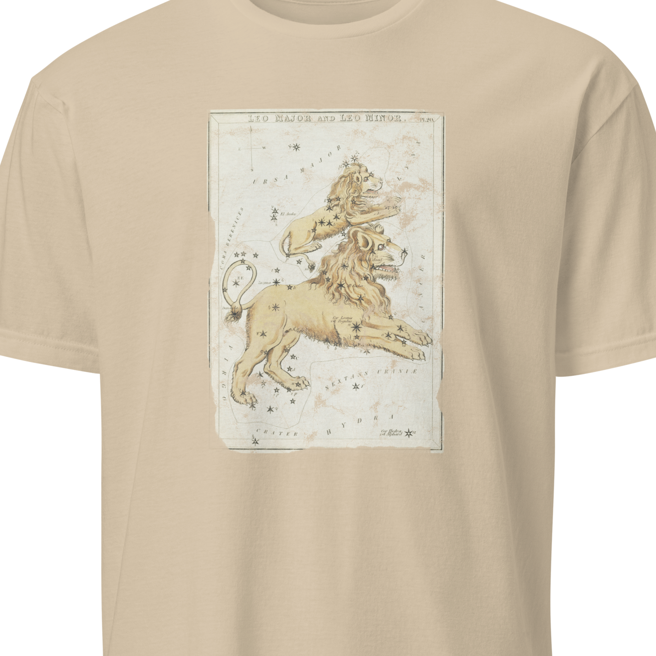 Beige t-shirt with a graphic of a unicorn on a white background