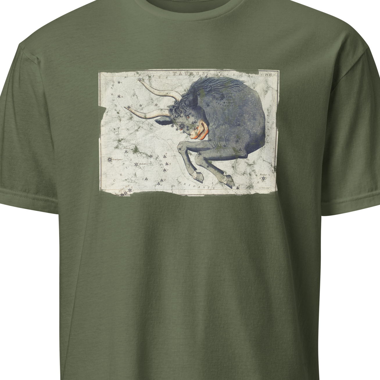 Green t-shirt with a graphic of a bull on a white background