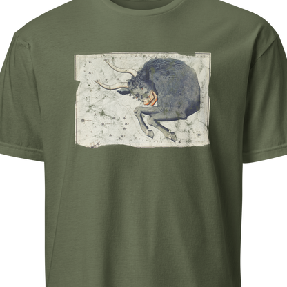 Green t-shirt with a graphic of a bull on a white background