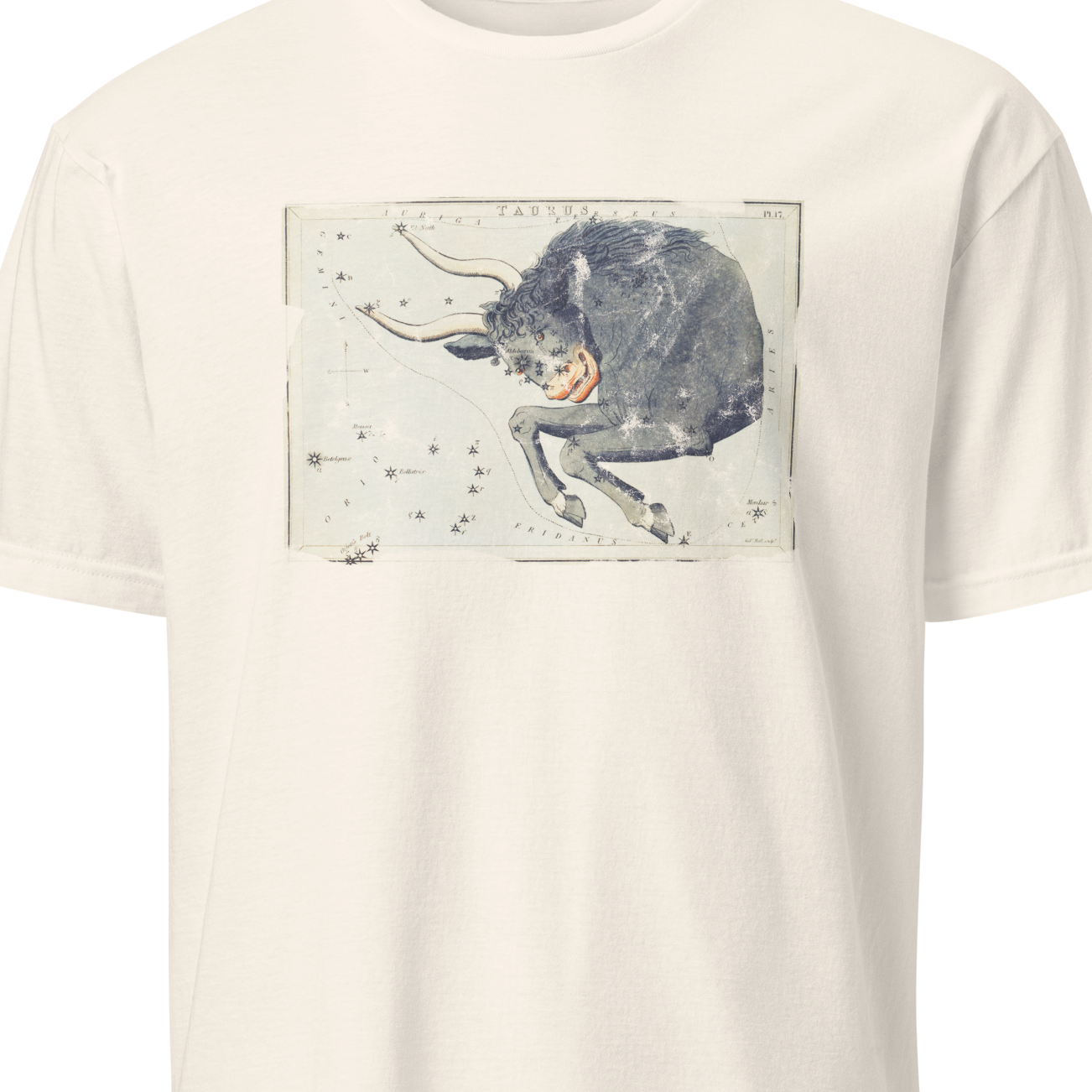 Beige t-shirt with a graphic of a cow on a white background
