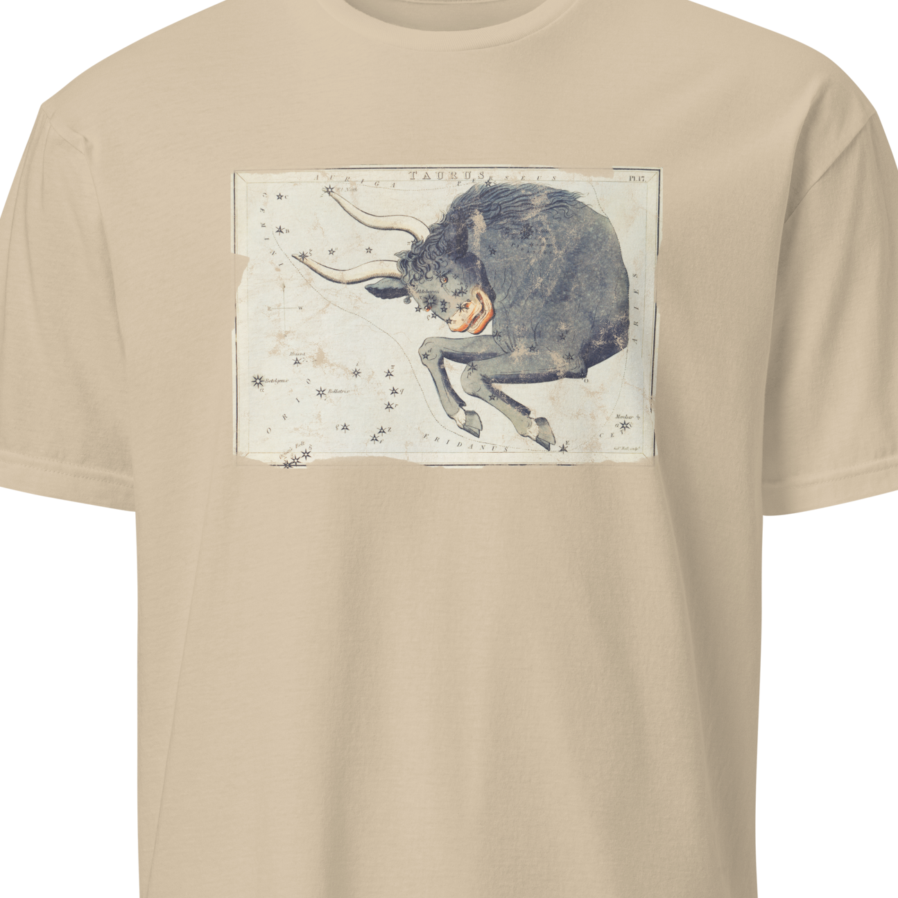Beige t-shirt with a graphic of a bull on a white background