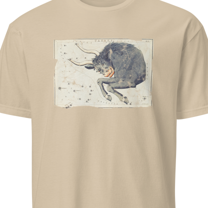 Beige t-shirt with a graphic of a bull on a white background
