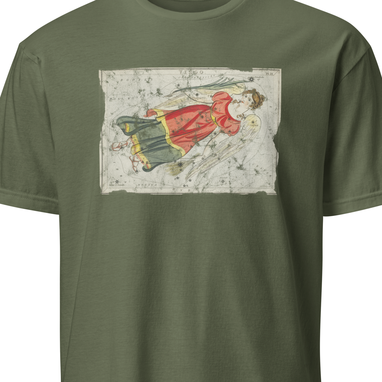 Green t-shirt with a graphic design on a white background