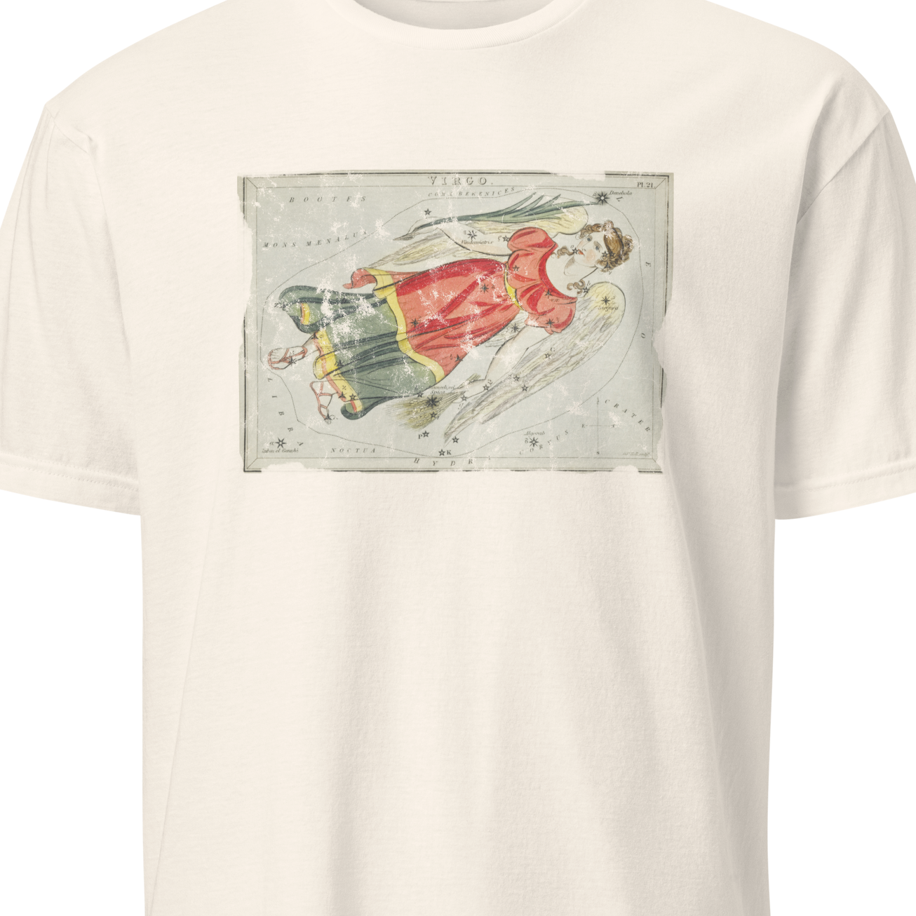 White t-shirt with a graphic design of a person in a red dress on a white background