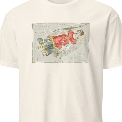 White t-shirt with a graphic design of a person in a red dress on a white background