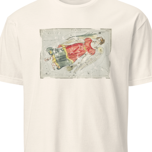 White t-shirt with a graphic design of a person in a red dress on a white background