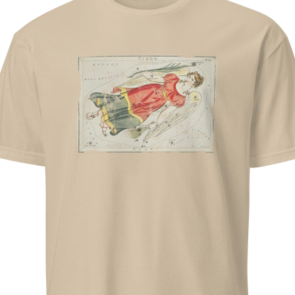 Beige t-shirt with a graphic of a woman in a dress on a white background