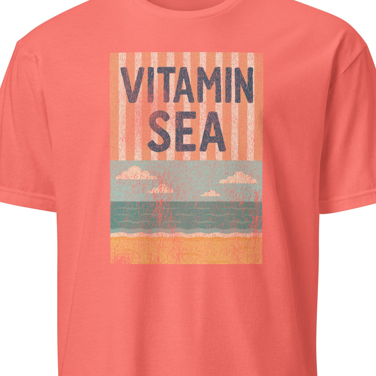 Coral t-shirt with 'Vitamin Sea' graphic design