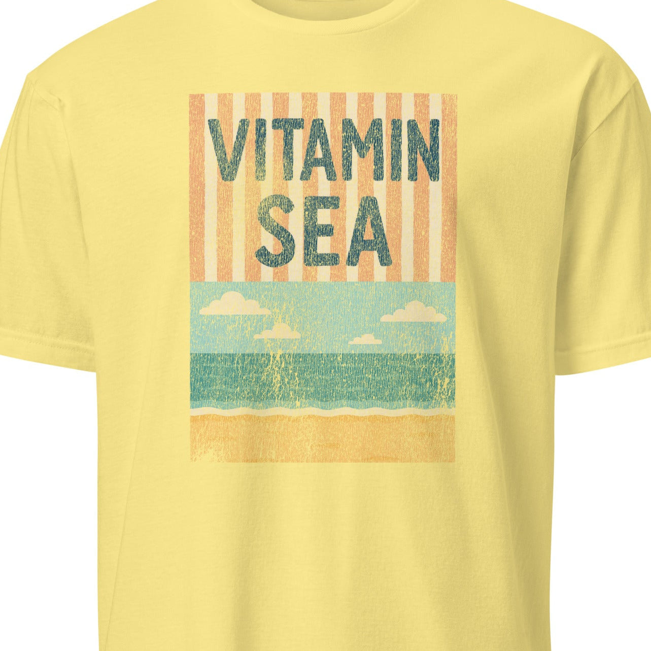 Yellow t-shirt with 'Vitamin Sea' graphic design 