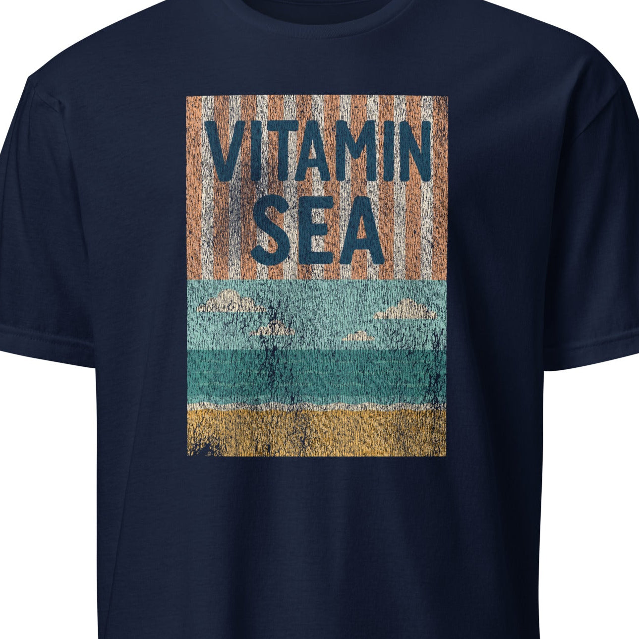 Navy blue t-shirt with 'Vitamin Sea' graphic design