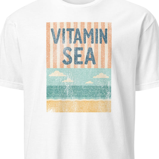 White t-shirt with 'Vitamin Sea' graphic design 