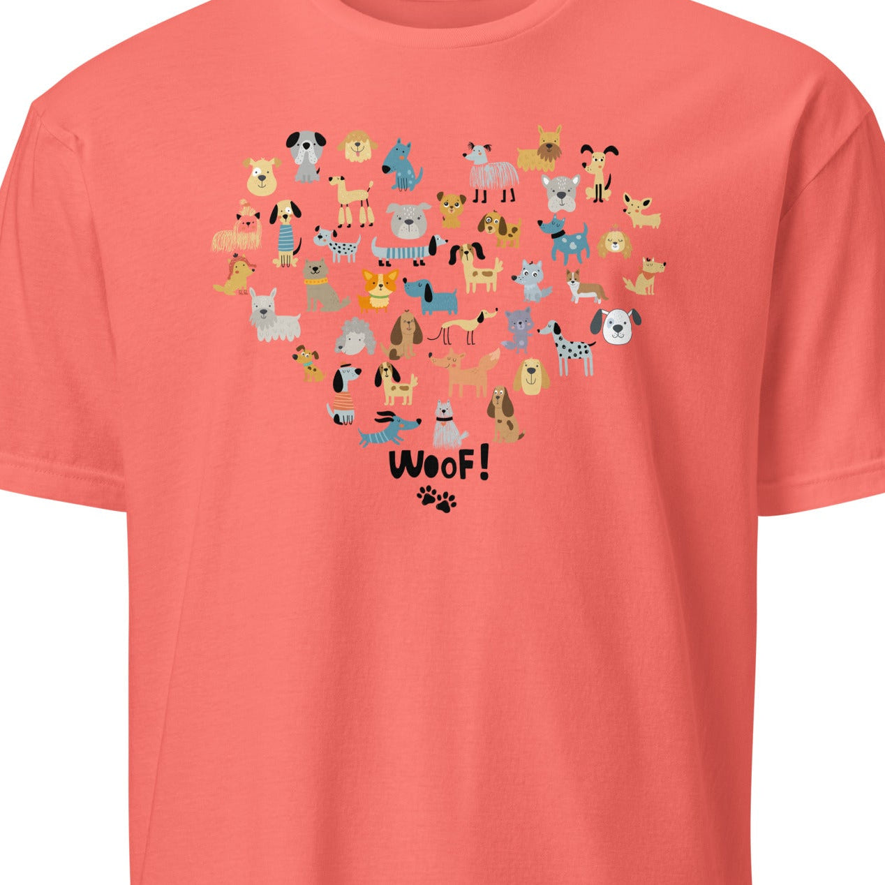 Coral t-shirt with a heart-shaped design of dogs and the word 'Woof!'