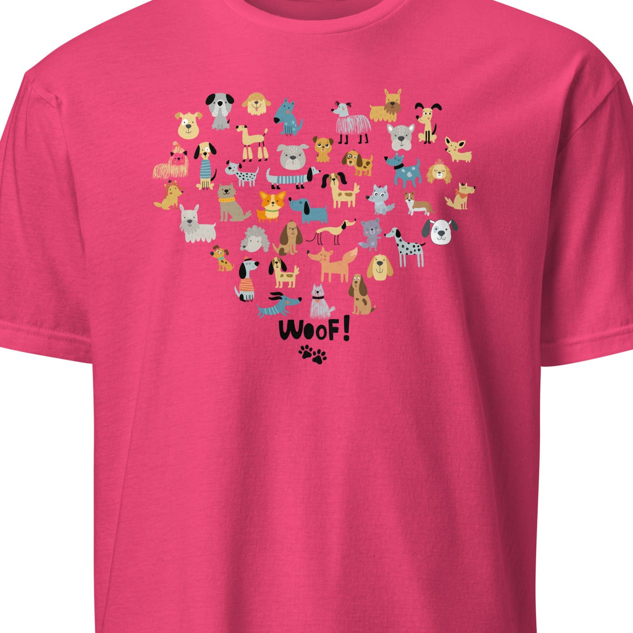 Pink t-shirt with a heart-shaped design of cartoon dogs and the word 'Woof!' 