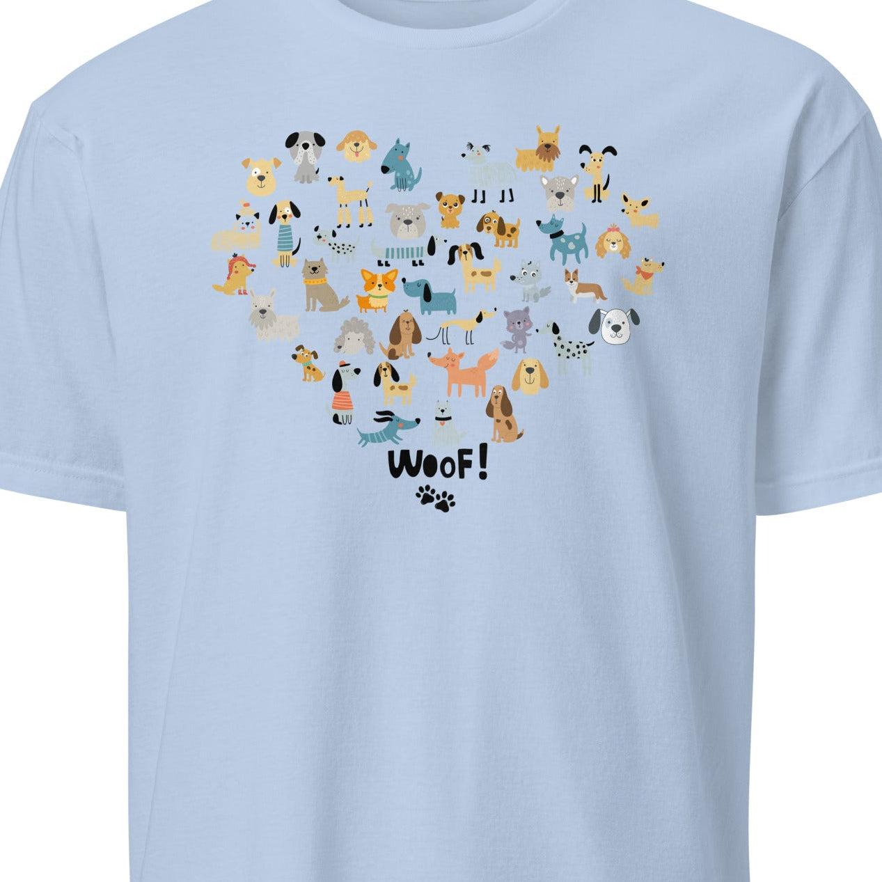 Light blue t-shirt with a heart design of dogs and 'Woof!' text on a white background