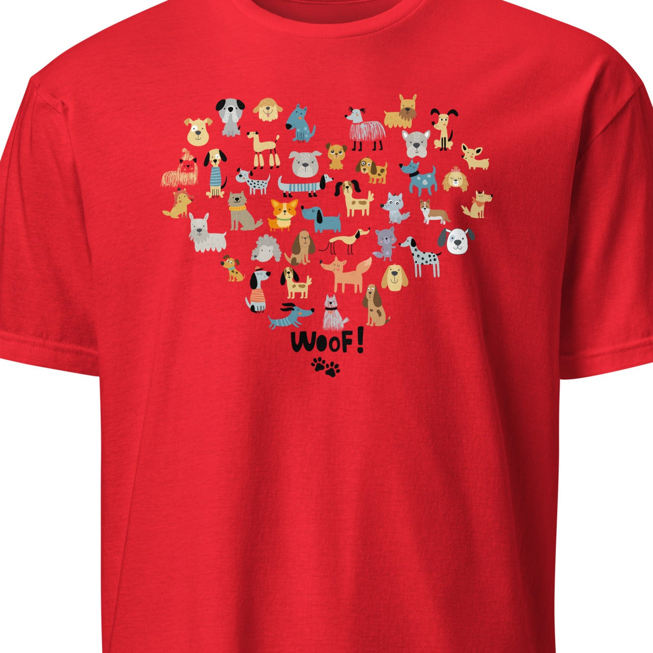 Red t-shirt with a heart-shaped design of various dog illustrations and 'WOOF!' text 