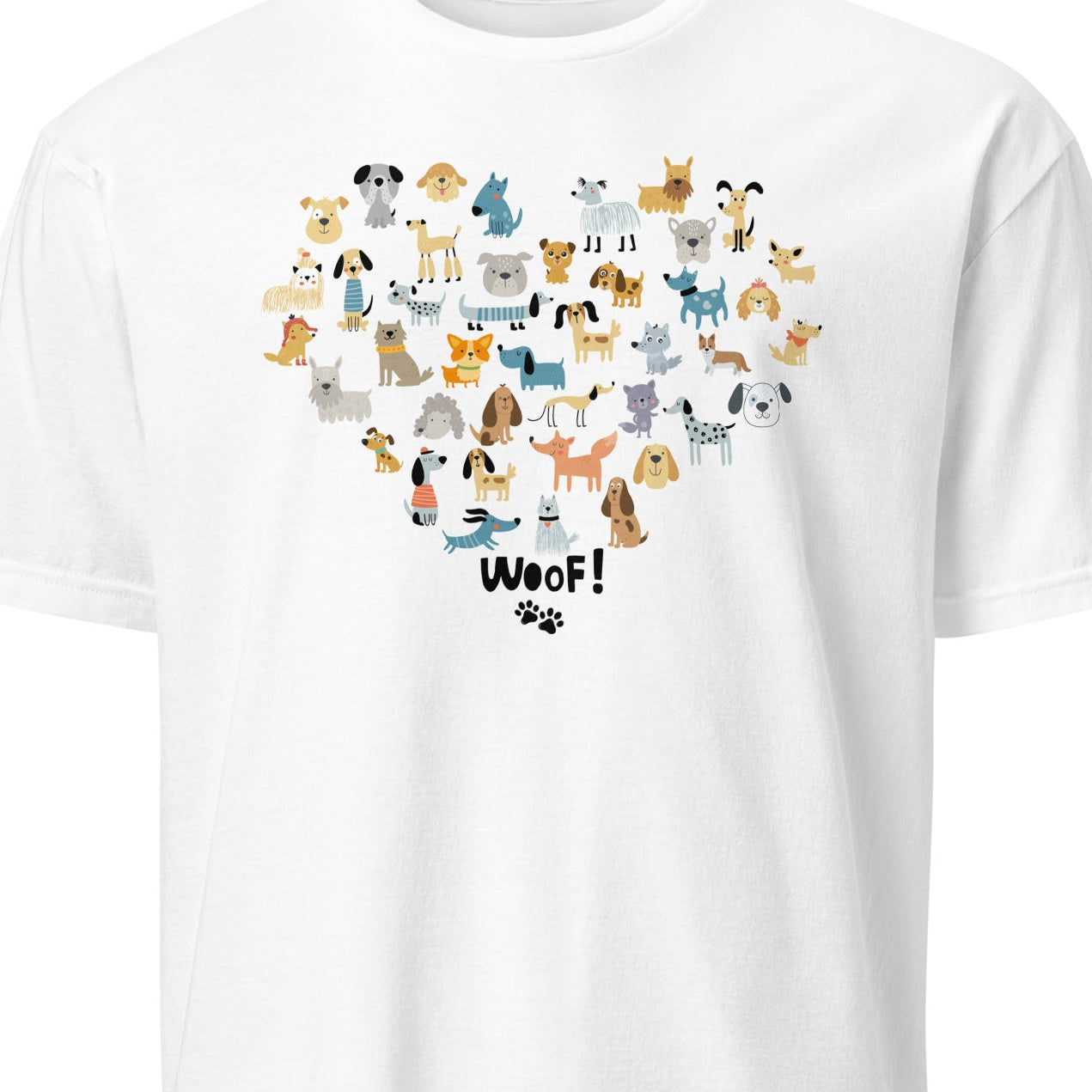 White t-shirt with a heart-shaped design of dogs and 'Woof!' text on a white background